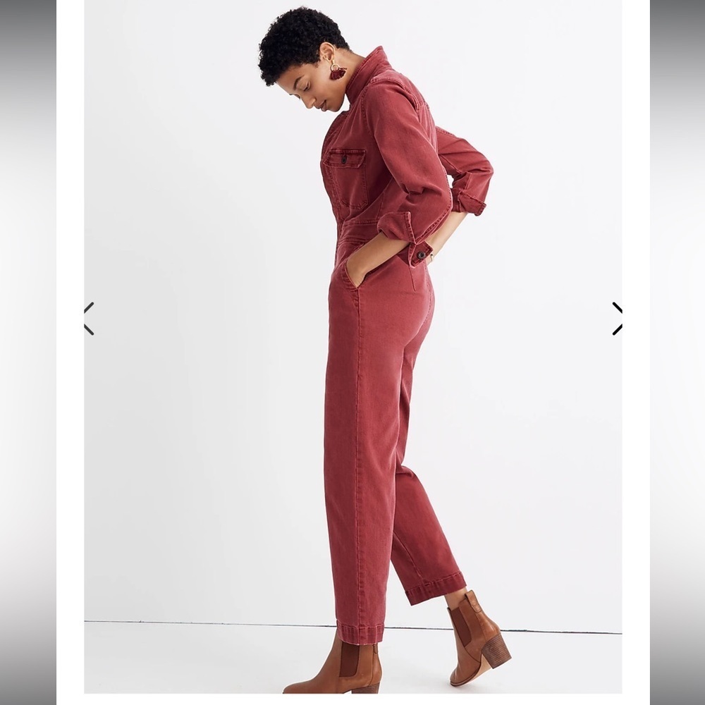 Madewell burgundy dyed denim straight leg overall long sleeve jumpsuit - Picture 10 of 10